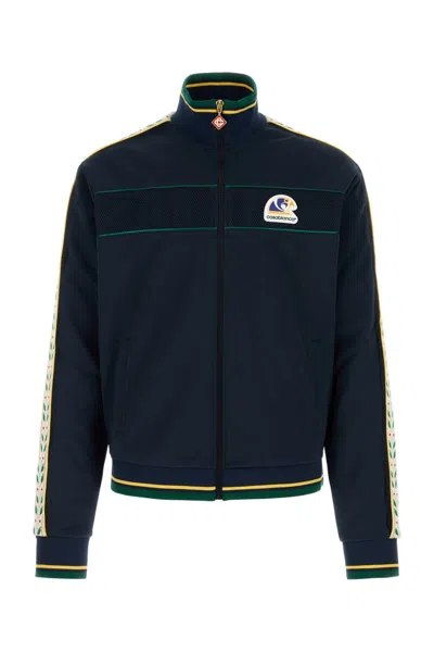 Casablanca Tech Fabric Sweatshirt Ribbed Collar Cuffs Hem In Blue