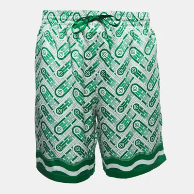 Pre-owned Casablanca Tennis Club Green Monogram Print Silk Shorts L