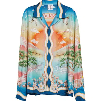 Casablanca Tennis Club Long Sleeve Silk Camp Shirt In Blue