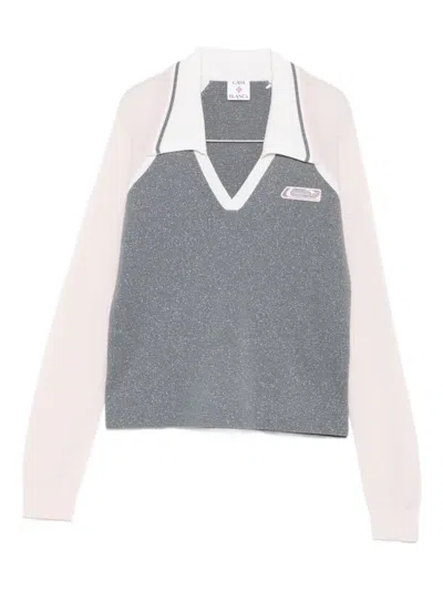 Casablanca Merino Lurex Long-sleeve Tennis Polo In Gray