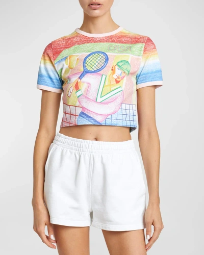 Casablanca Tennis Player Printed Short-sleeve Crop Baby Ringer T-shirt In White