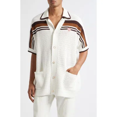 Casablanca Tennis Stripe Short Sleeve Crochet Button-up Shirt In White