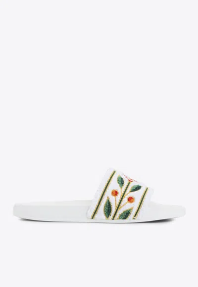 CASABLANCA TERRY LAUREL-EMBROIDERED RUBBER SLIDES