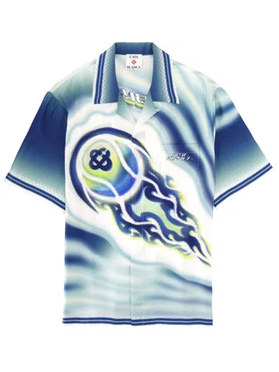 Casablanca The Art Of The Serve Short Sleeve Silk Shirt In Blue