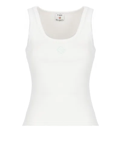Casablanca Cotton Ribbed Logoed Patch Sleeveless Top In White