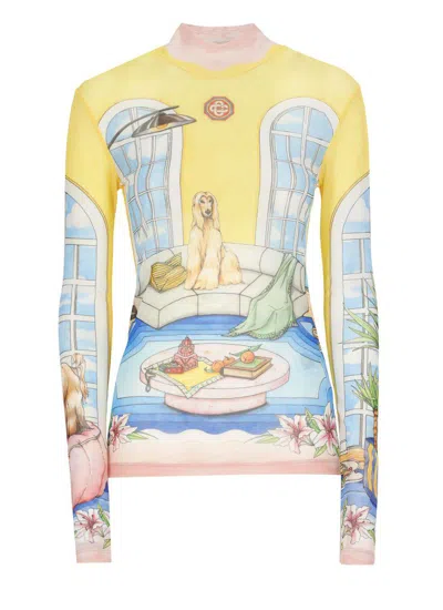 Casablanca Apartment Interior Stretch Mesh Mock Neck Top In Multicolour