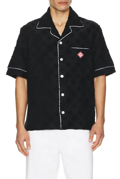 Casablanca Men Black Shirt With Classic Lapels And All-over Embossed Monogram In Cotton Man