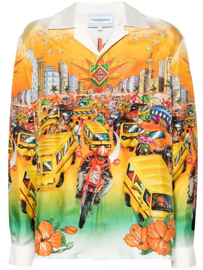 Casablanca Traffic Print Silk Shirt In Yellow & Orange