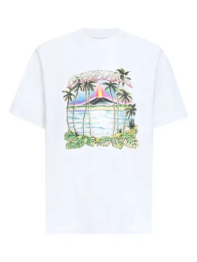 Casablanca Ribbed Short Sleeve Tee With Volcano Print In Multi