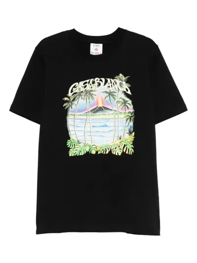 Casablanca Tropical Print Round Neck Short Sleeve T-shirt In Black
