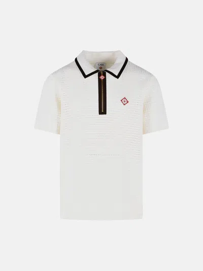 Casablanca Waffle Stitch Wool Polo Shirt Contrast Collar In White