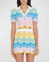 Casablanca Wave Crochet Short-sleeve Crop Polo Top In Gradient Wave