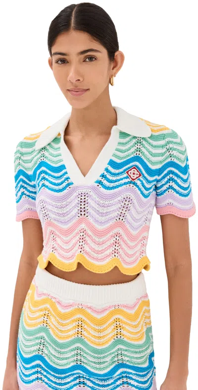 Casablanca Wave Crochet Short-sleeve Crop Polo Top In Multicolour