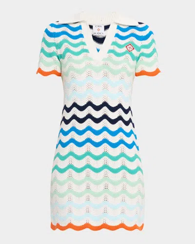 CASABLANCA WAVY CROCHET KNIT MINI POLO DRESS