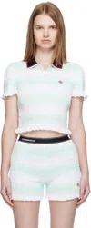 Casablanca White & Green Stripe Shirred Polo In White