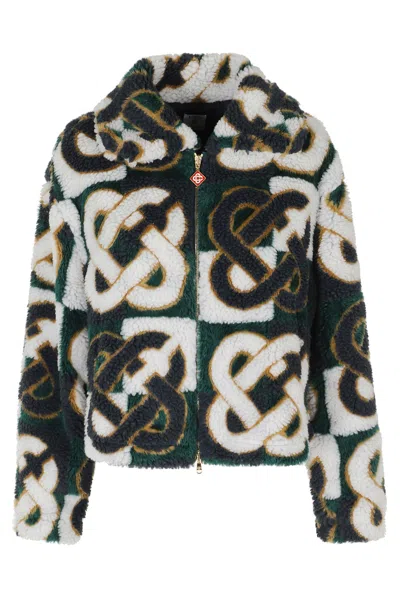 Casablanca White Blue Green Fleece Diamond Logo Zipper Pull Polyester Jacket In Multi