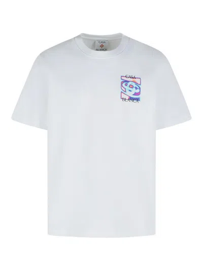 Casablanca Men White Crewneck T-shirt With Logo Detail On The Front And Maxi Logo On The Rear In Cot