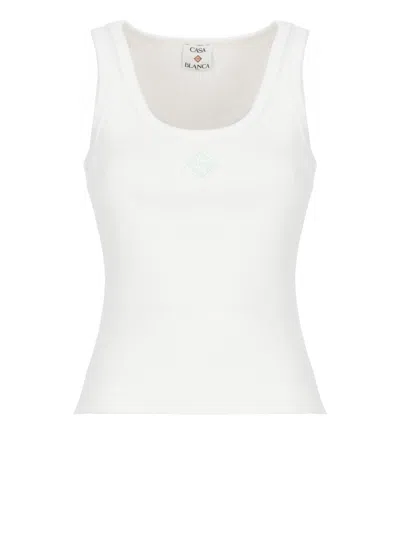 Casablanca Cotton Ribbed Logoed Patch Sleeveless Top In White