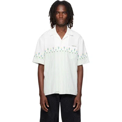 Casablanca White Linen Floral Stripe Sporty Short Sleeve Shirt In Multi