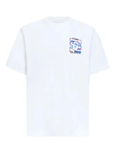 Casablanca Men White Crewneck T-shirt With Logo Detail On The Front And Maxi Logo On The Rear In Cot