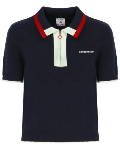 Casablanca White Merino Embroidered Polo Shirt In Black