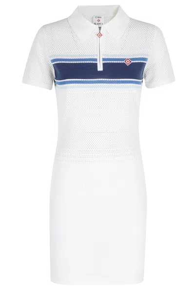 Casablanca White Mesh Stripe Jacquard Zip-collar Cotton Mini Dress