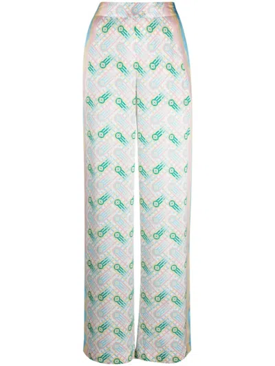 CASABLANCA WHITE PRINTED SILK STRAIGHT LEG TROUSERS