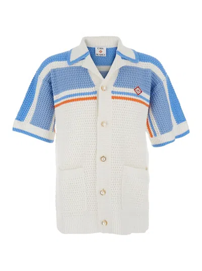 Casablanca Men White Shirt With Classic Collar And Chest Logo Patch In Cotton Man In Blue