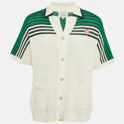 Pre-owned Casablanca White Striped Crochet Short Sleeve Shirt L