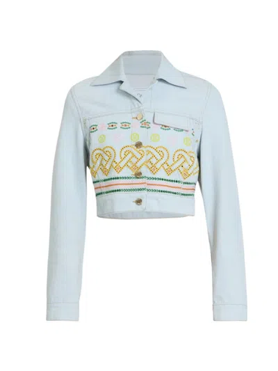 Casablanca Women's Embroidered Denim Cropped Jacket In Indigo Multi