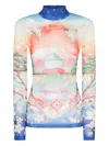 Casablanca High Neck Tulle Top With Multicolor Landscape Print In Multi