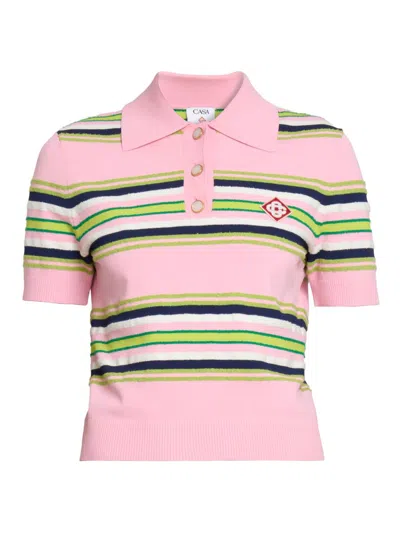 Casablanca Striped Viscose Polo Shirt Short Sleeves In Pink