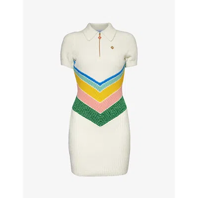Casablanca Womens White Chevron-intarsia Short-sleeve Cotton-blend Mini Dress In Multicolour