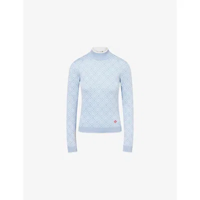 Casablanca Womens Monogram High-neck Wool-blend Jumper Blue