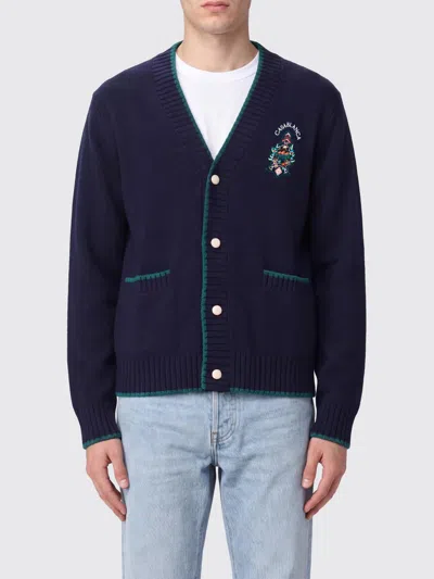 Casablanca Wool And Cashmere Cardigan With Crest And Contrast Trim In Blue