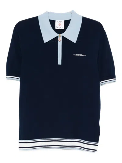 Casablanca Wool Polo Shirt With Contrasting Collar And Ribbed Trims In Blue