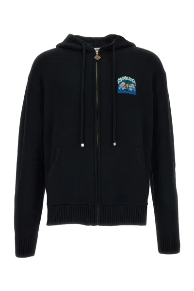 Casablanca Zip-up Knit Hoodie With Jacquard Palm Tree Motif In Multi