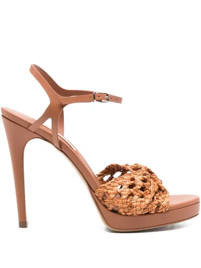Casadei 100mm Braided Leather Heeled Sandals In Brown