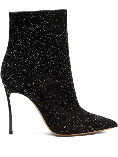 Casadei 100mm Universe Glitter-embellished Pointed-toe Boots In Black