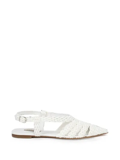 Casadei Avenida Woven Slingback Flat Pumps In White