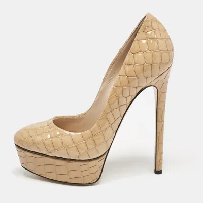 Pre-owned Casadei Beige Croc Embossed Patent Leather Platform Pumps Size 36