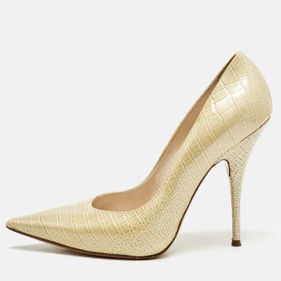 Pre-owned Casadei Beige Croc Embossed Patent Leather Pointed Toe Pumps Size 38.5