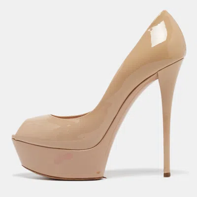 Casadei Beige Patent Leather Platform Peep Toe Pumps In Neutral