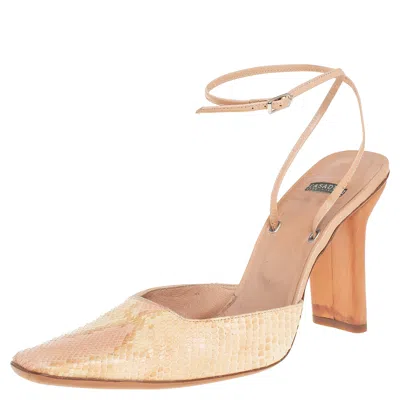 Pre-owned Casadei Beige Snakeskin Square Toe Ankle Wrap Sandals Size 38.5