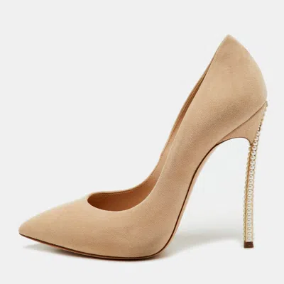 Casadei Beige Suede Pearl Embellished Heel Pointed Toe Pumps In Neutral