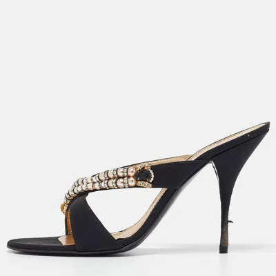 Pre-owned Casadei Black Canvas Crystal Embellished Slide Sandals Size 40