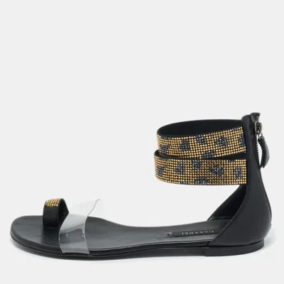 Pre-owned Casadei Black Leather And Pvc Crystal Embellished Flat Sandals Size 38