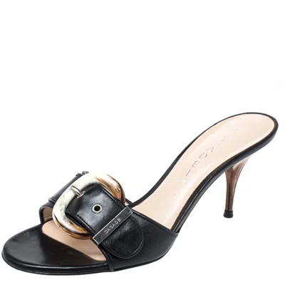 Casadei Black Leather Buckle Detail Slide Sandals