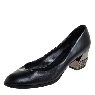Casadei Black Leather Chain Embellished Block Heel Pumps
