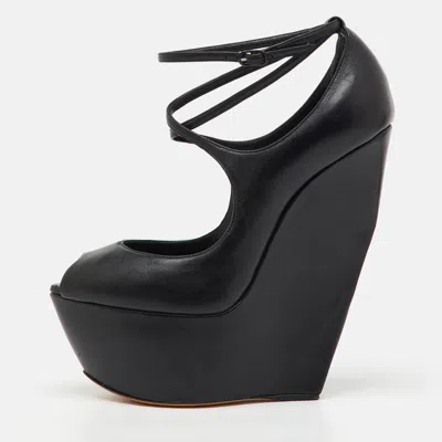 Casadei Black Leather Platform Wedge Pumps